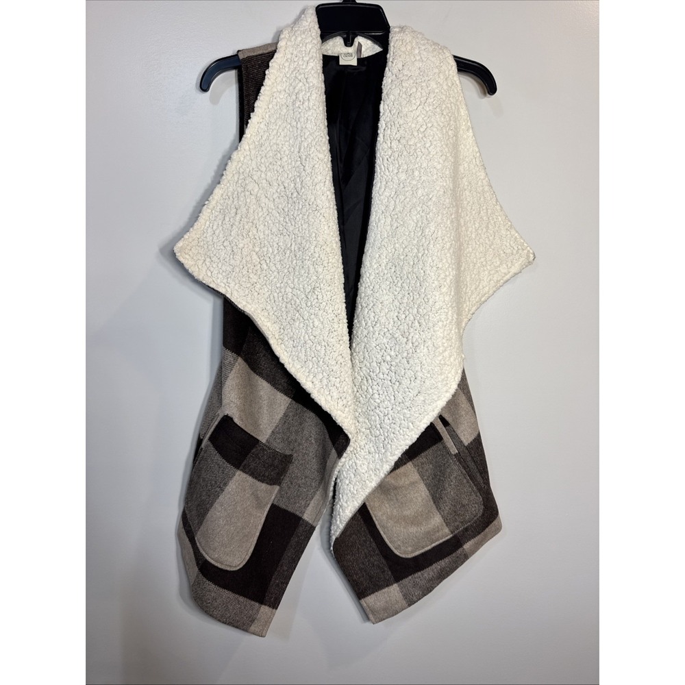 Paper Crane Vest Medium Plaid Sherpa Lined Wool Blend Pockets Tan Brown Women Sm